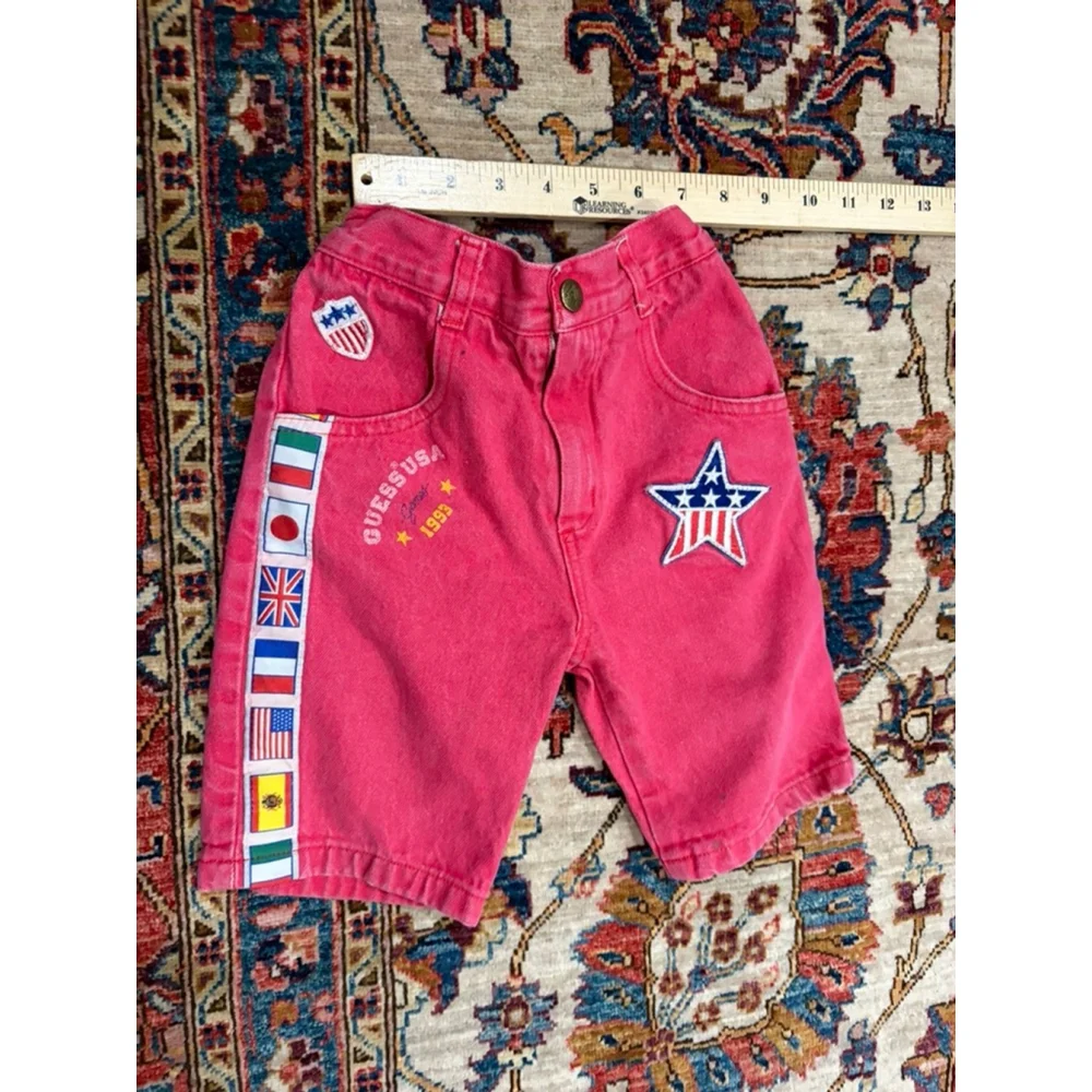 Vintage 90s GUESS USA Kids Flag Patch Denim Shorts Red Stars Stripes 3Y